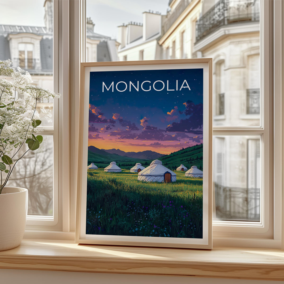 Mongolia Poster – Yurt Camp Grassland Night Sky Art