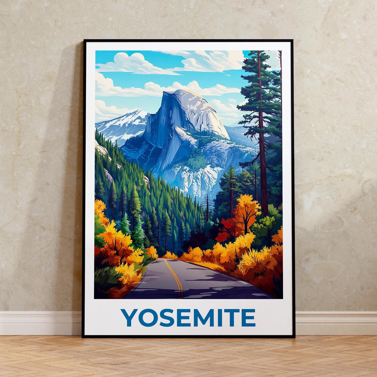 Yosemite Half Dome Poster - Autumn Road Through Pines