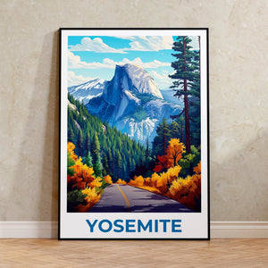 Yosemite Half Dome Poster - Autumn Road Through Pines