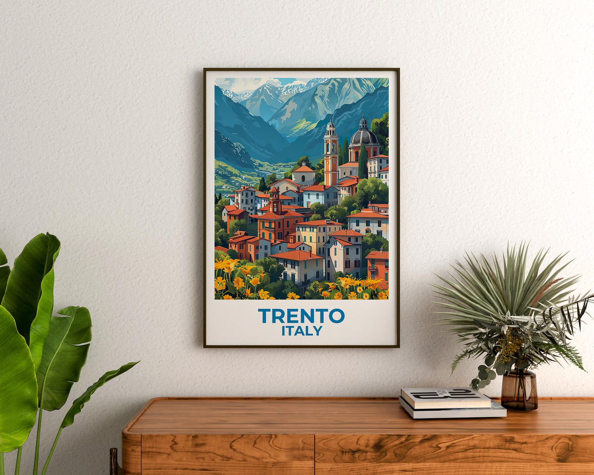 Trento Italy Poster, Alpine Town & Church Bell Tower
