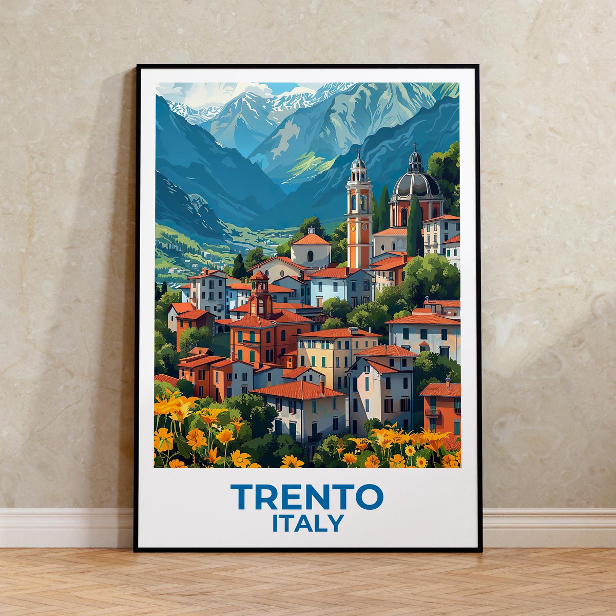 Trento Italy Poster, Alpine Town & Church Bell Tower