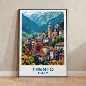 Trento Italy Poster, Alpine Town & Church Bell Tower