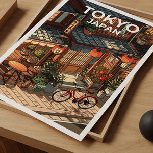 Tokyo Japan Print, Lantern-Lit Cafe Street Poster