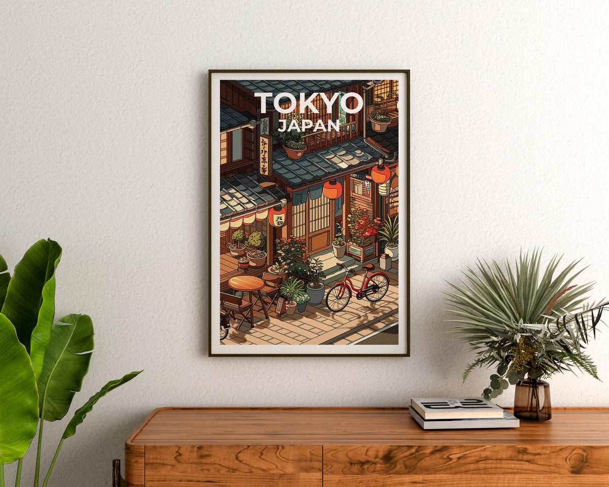 Tokyo Japan Print, Lantern-Lit Cafe Street Poster