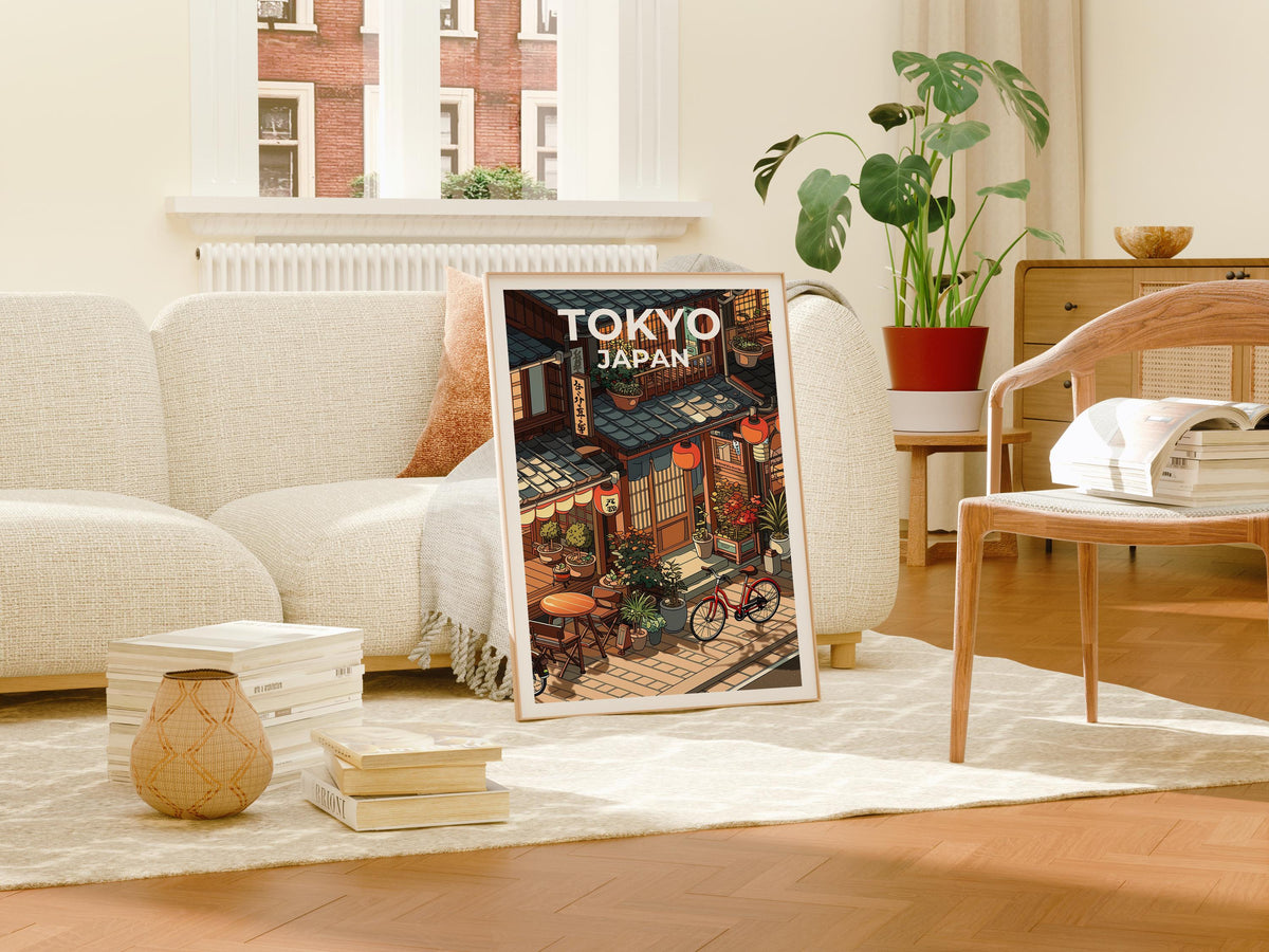 Tokyo Japan Print, Lantern-Lit Cafe Street Poster