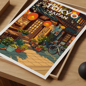 Tokyo Japan Poster – Lantern-Lit Café Street Scene