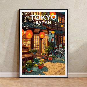 Tokyo Japan Poster – Lantern-Lit Café Street Scene