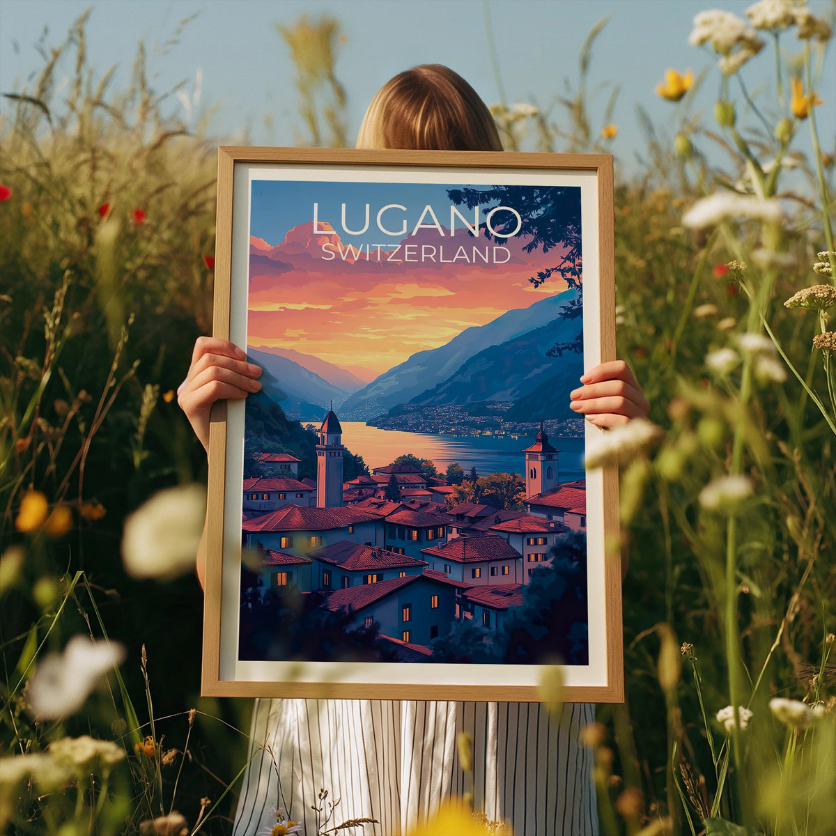 Lugano Switzerland Sunset Poster – Lake & Mountain View