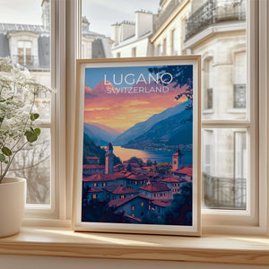 Lugano Switzerland Sunset Poster – Lake & Mountain View