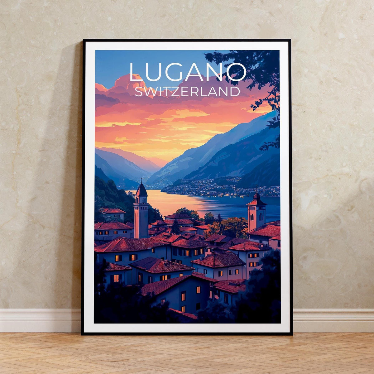 Lugano Switzerland Sunset Poster – Lake & Mountain View