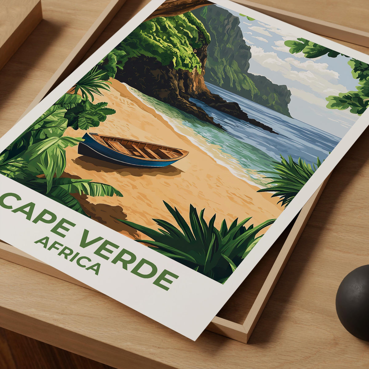Cape Verde Beach Poster – Wooden Boat & Green Cliffs