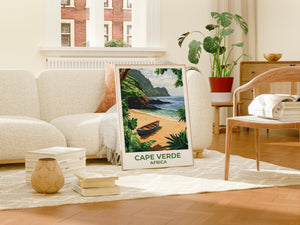 Cape Verde Beach Poster – Wooden Boat & Green Cliffs