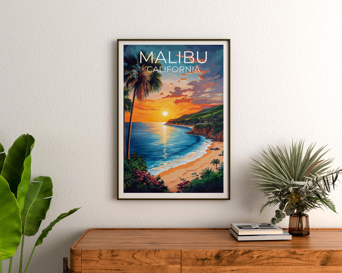 Malibu California Poster Beach Sunset with Palm Trees