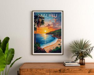 Malibu California Poster Beach Sunset with Palm Trees