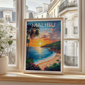 Malibu California Poster Beach Sunset with Palm Trees