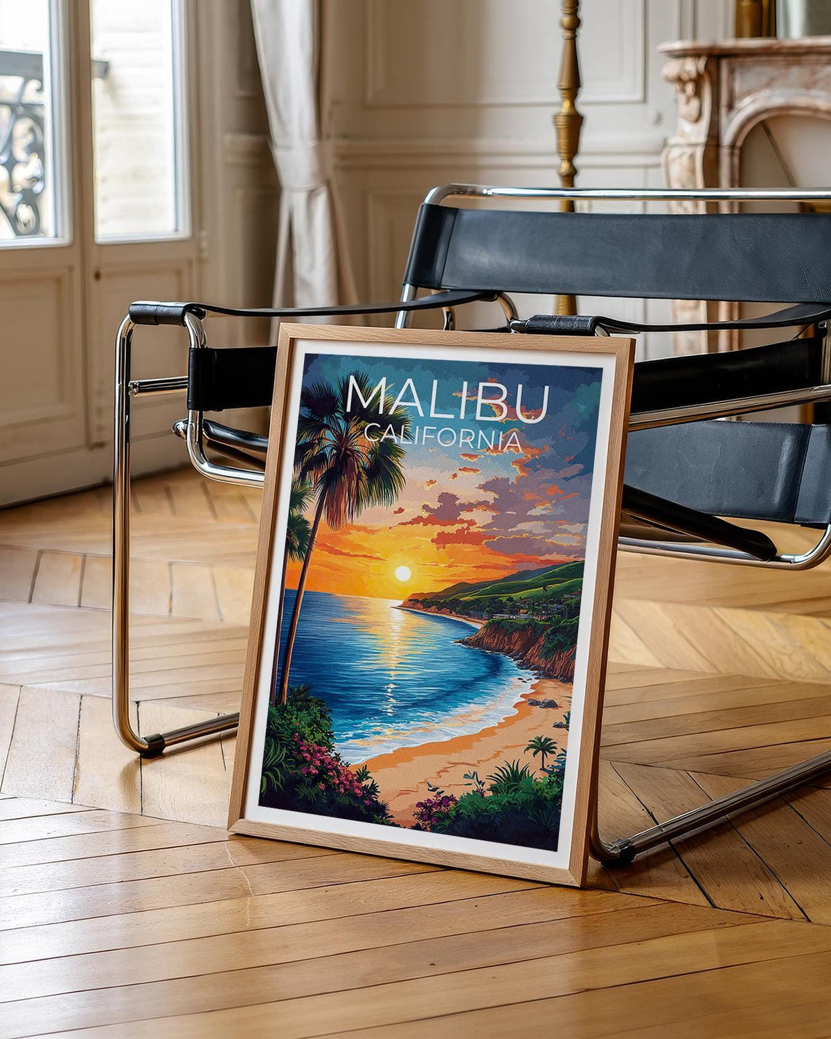 Malibu California Poster Beach Sunset with Palm Trees