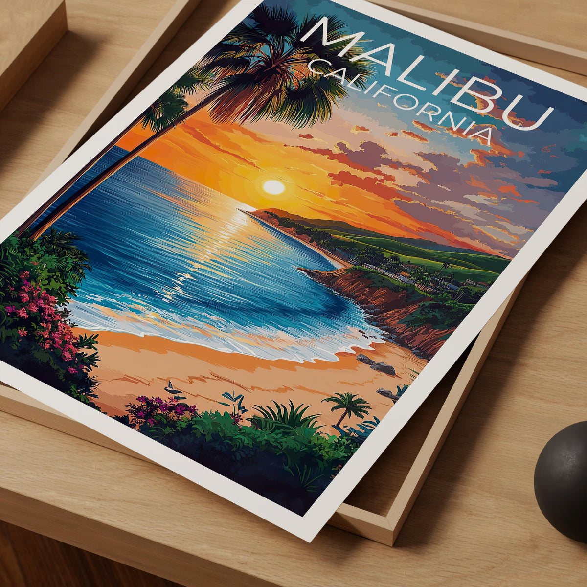 Malibu California Poster Beach Sunset with Palm Trees