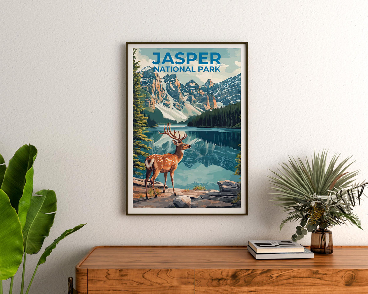Jasper National Park Poster – Deer by the Alpine Lake