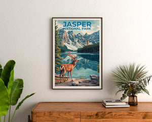 Jasper National Park Poster – Deer by the Alpine Lake