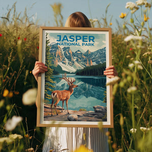 Jasper National Park Poster – Deer by the Alpine Lake