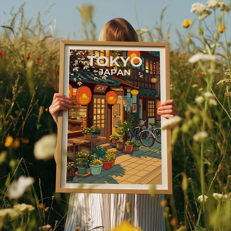 Tokyo Japan Poster – Lantern-Lit Café Street Scene