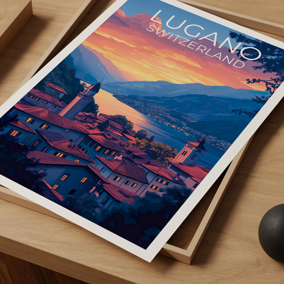 Lugano Switzerland Sunset Poster – Lake & Mountain View