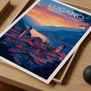 Lugano Switzerland Sunset Poster – Lake & Mountain View