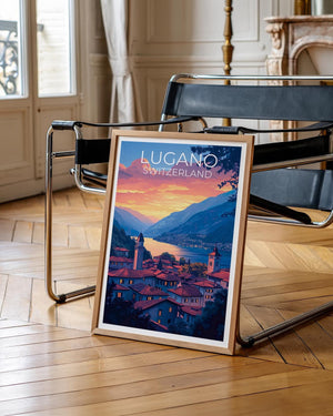 Lugano Switzerland Sunset Poster – Lake & Mountain View