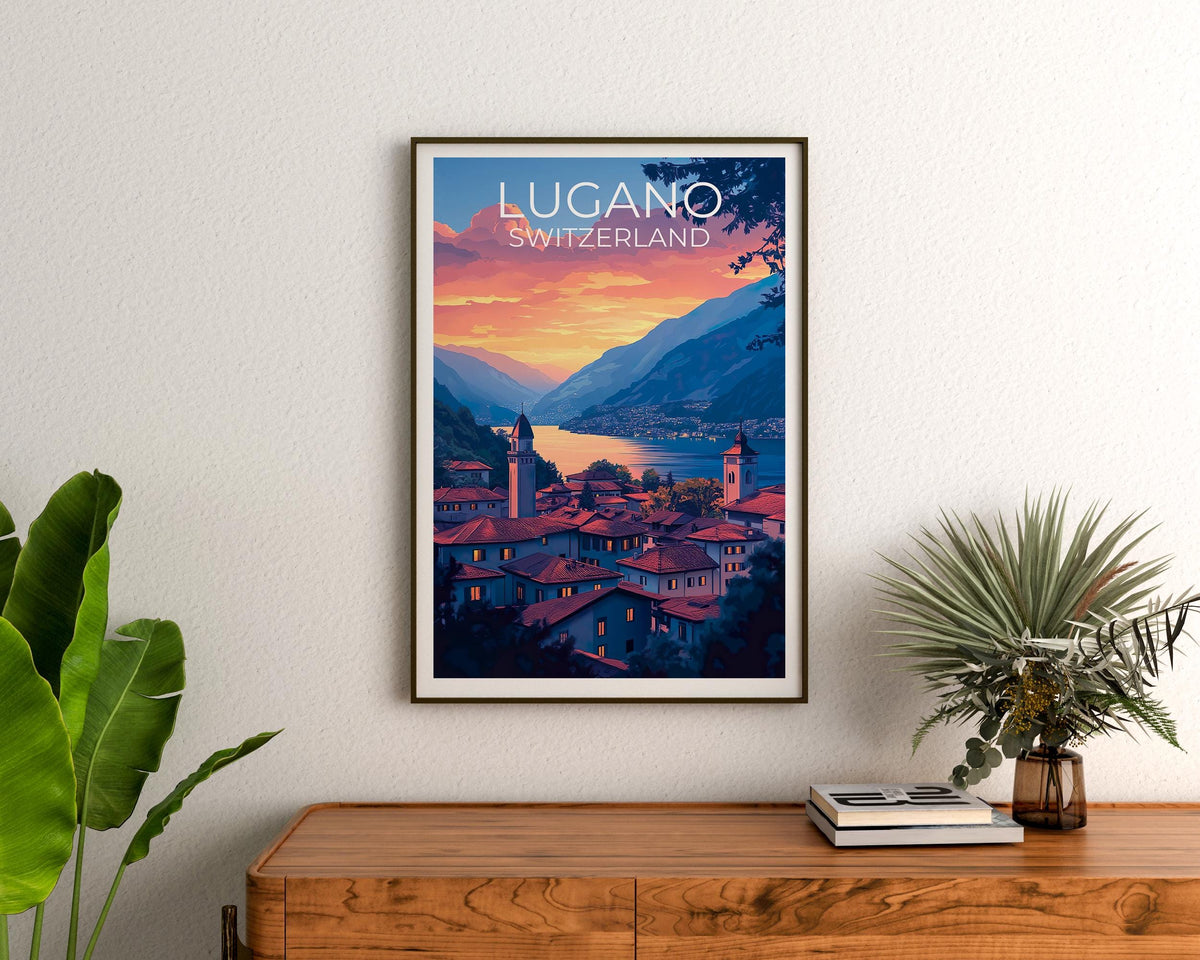 Lugano Switzerland Sunset Poster – Lake & Mountain View