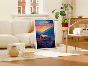 Lugano Switzerland Sunset Poster – Lake & Mountain View