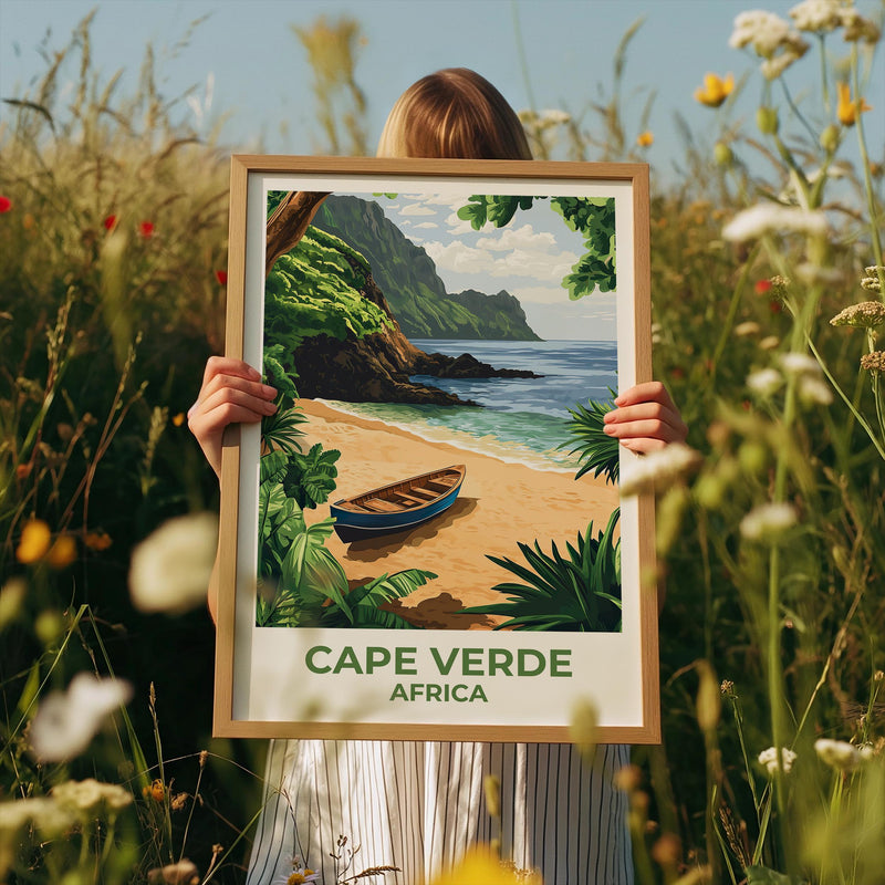 Cape Verde Beach Poster – Wooden Boat & Green Cliffs