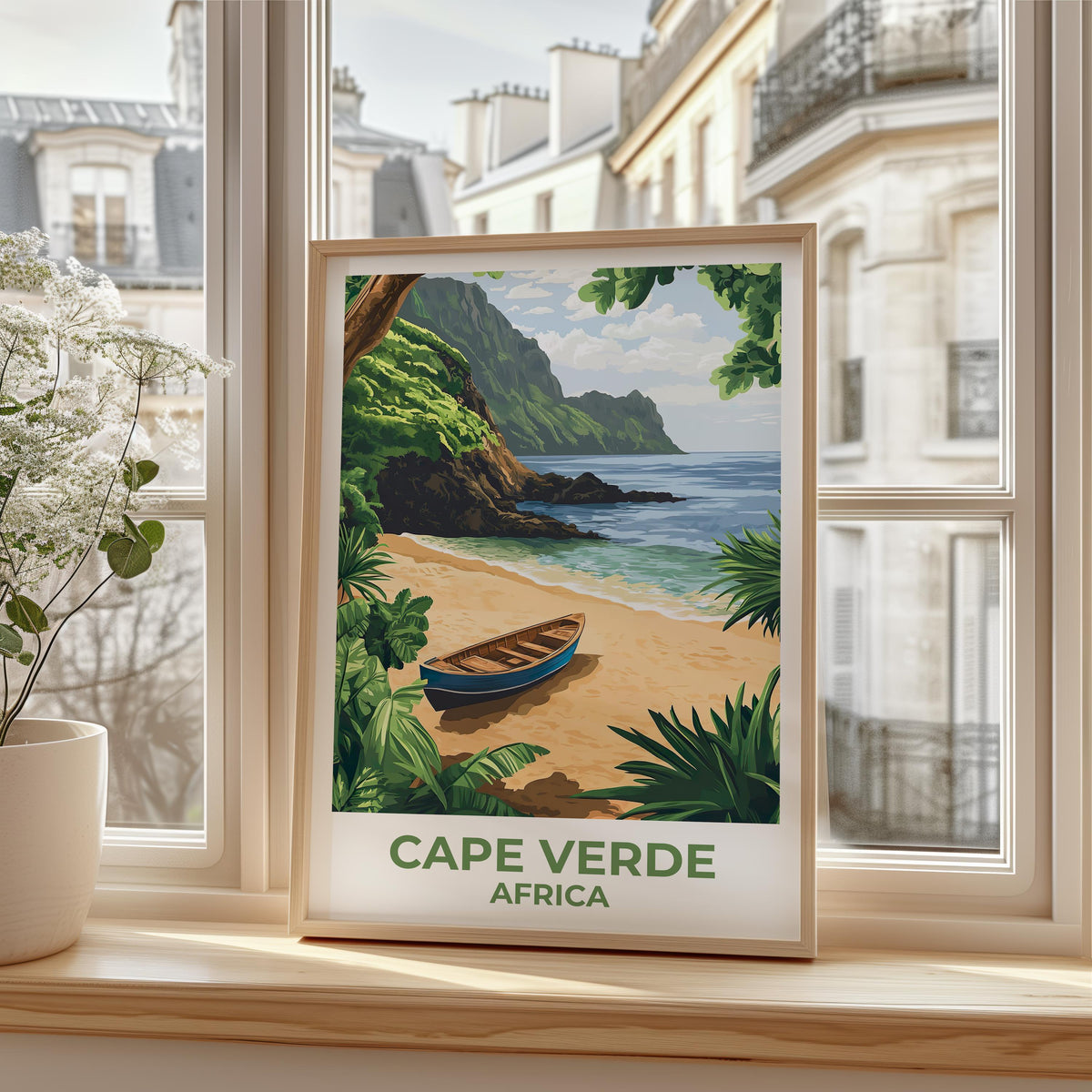 Cape Verde Beach Poster – Wooden Boat & Green Cliffs