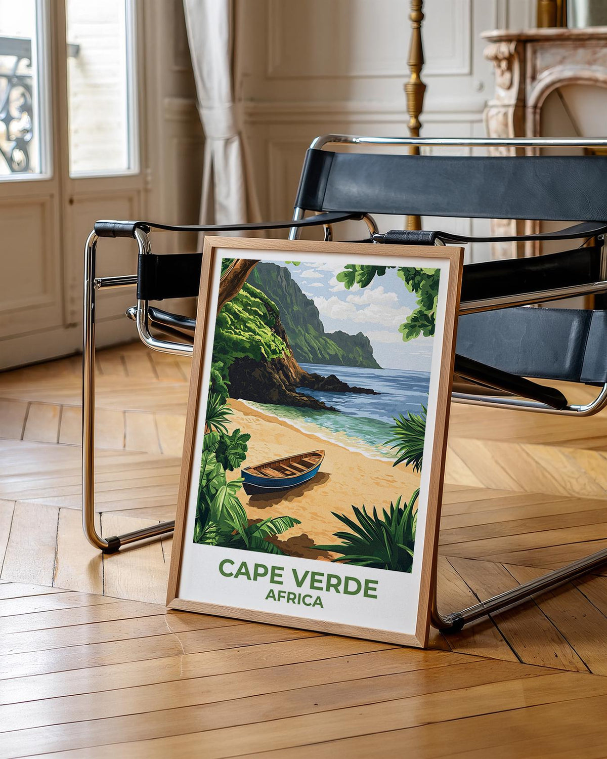 Cape Verde Beach Poster – Wooden Boat & Green Cliffs