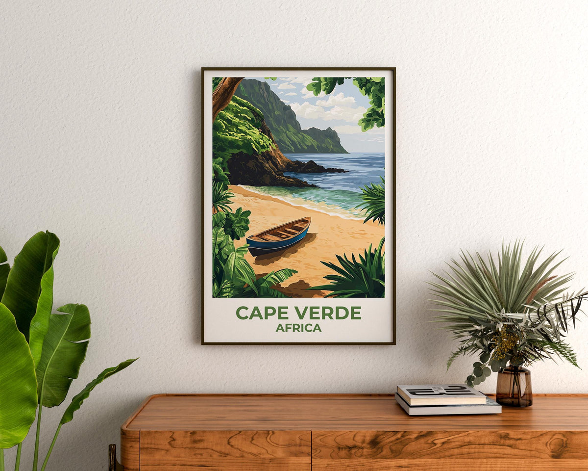 Cape Verde Beach Poster – Wooden Boat & Green Cliffs
