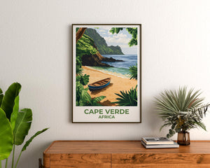Cape Verde Beach Poster – Wooden Boat & Green Cliffs