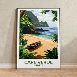 Cape Verde Beach Poster – Wooden Boat & Green Cliffs