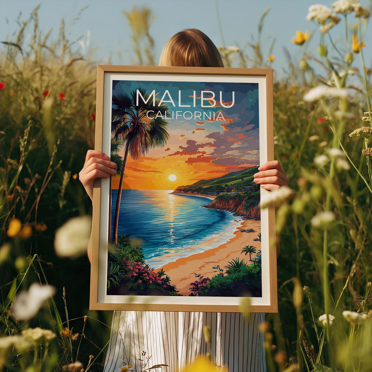 Malibu California Poster Beach Sunset with Palm Trees
