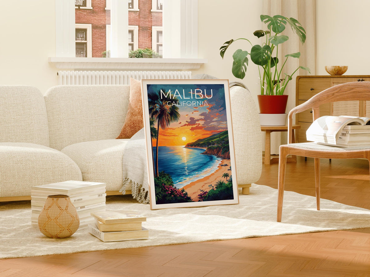 Malibu California Poster Beach Sunset with Palm Trees