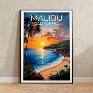 Malibu California Poster Beach Sunset with Palm Trees