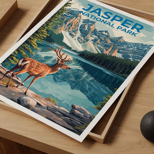 Jasper National Park Poster – Deer by the Alpine Lake