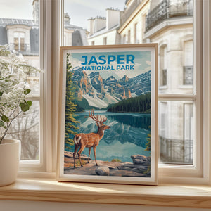 Jasper National Park Poster – Deer by the Alpine Lake