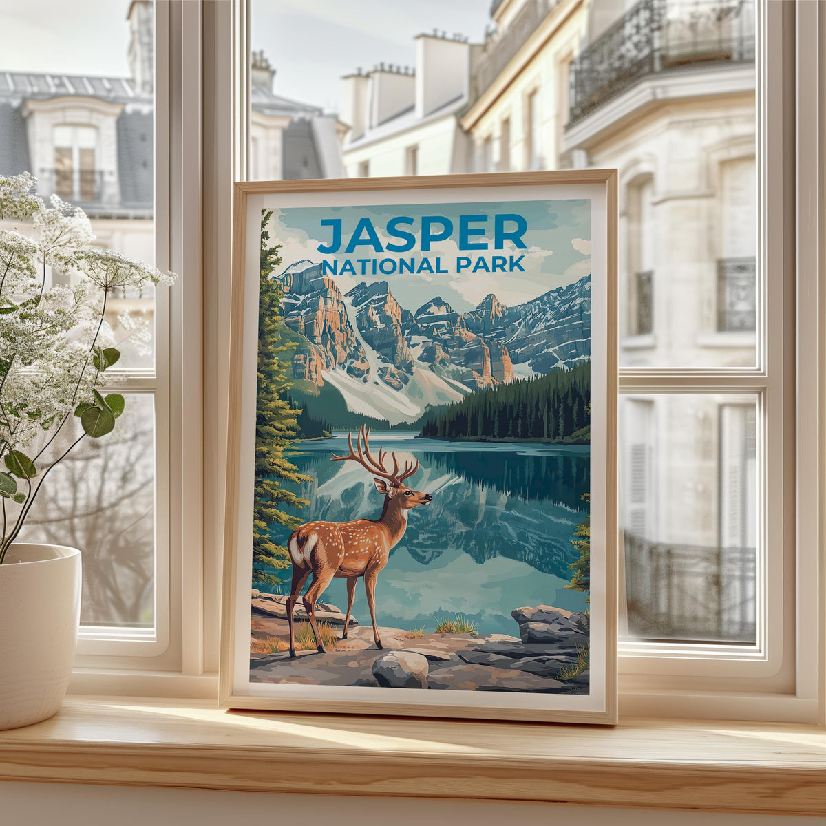 Jasper National Park Poster – Deer by the Alpine Lake