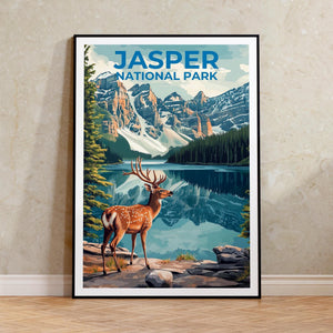 Jasper National Park Poster – Deer by the Alpine Lake