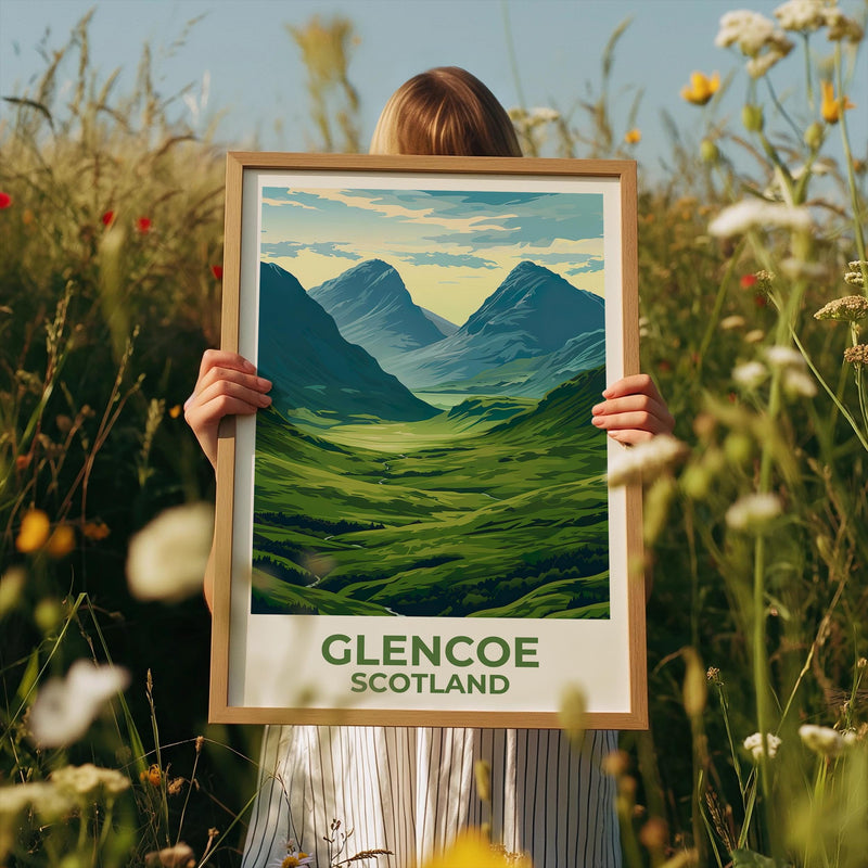 Glencoe Scotland Poster – Three Sisters Peaks & Green Glen