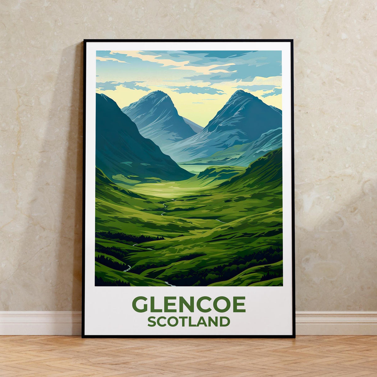Glencoe Scotland Poster – Three Sisters Peaks & Green Glen
