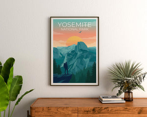 Yosemite Poster - Half Dome Sunset Hiker Illustration