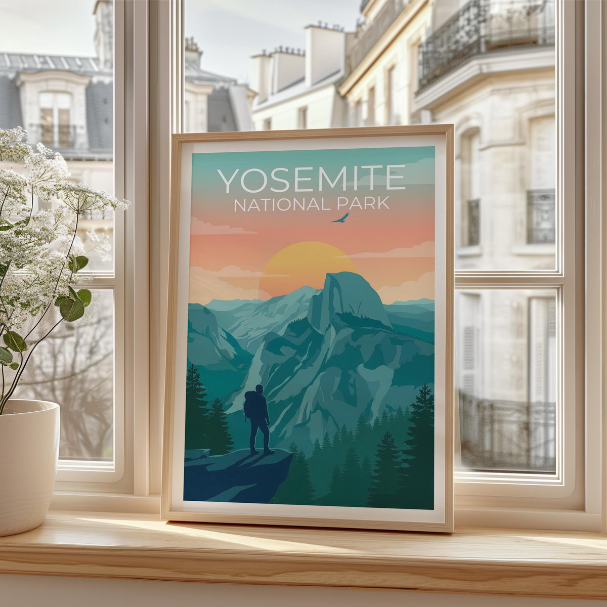 Yosemite Poster - Half Dome Sunset Hiker Illustration