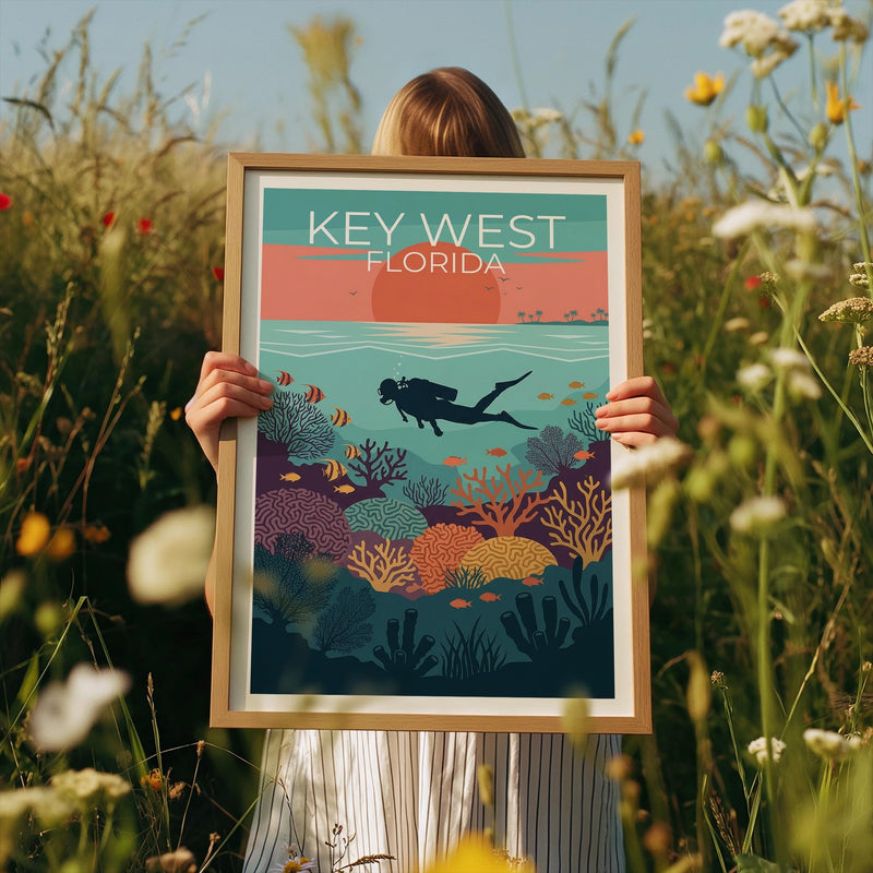 Key West Poster, Coral Reef Diver & Florida Sunset