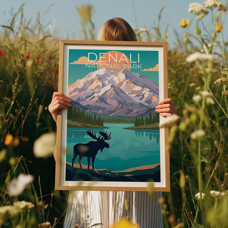 Denali National Park Poster – Moose & Mountain Sunset