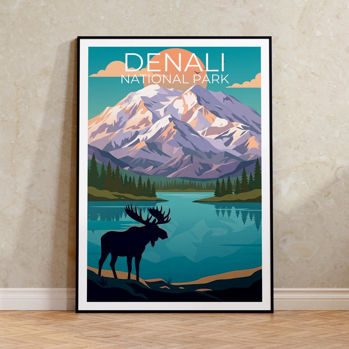 Denali National Park Poster – Moose & Mountain Sunset
